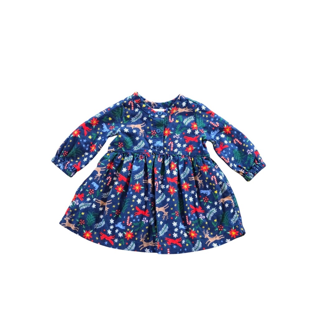 Hanna Andersson Flannel Christmas Dress 6-12 Months Reindeer Poinsettia Holiday